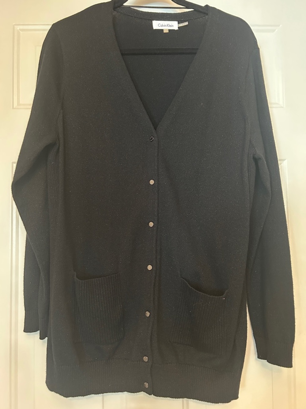 Calvin Klein Women’s V-Neck Snap Cardigan L Black Long Sparkle